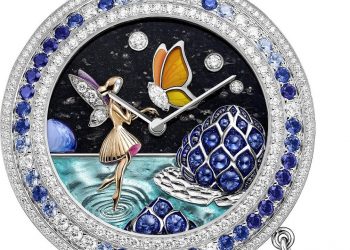 Extraordinary Dials Collection, Charms Papillon Féerique watch. 38 mm white gold case; white gold bezel, round diamonds, round sapphires; rose and white gold rotating charm, marquise-cut diamond, round sapphires; foreground white gold butterfly, marquise-cut diamond, plique-à-jour enamel, white mother-of-pearl, miniature painting, mother-of-pearl glitters, rose gold fairy, rose-cut and round diamonds, miniature painting, mother-of-pearl glitters, white gold water lily, round buff-topped sapphires, miniature painting, white gold body of water, paillonné enamel; background white gold, round diamonds, black aventurine, miniature painting; white gold crown, round diamond; two interchangeable shiny lapis alligator or shiny white alligator straps; white gold interchangeable pin buckle, round diamonds; DEF, IF to VVS diamonds; Swiss quartz movement; numbered edition.