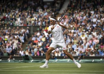 Roger Federer (SUI) in action during his quarter-finals match against Hubert Hurkacz (POL).